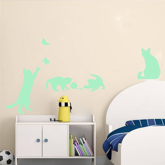 Honana DX-154 30X18CM Fluorescent Glow Naughty Cat Play With Butterfly Wall Sticker Home Bedroom Decor