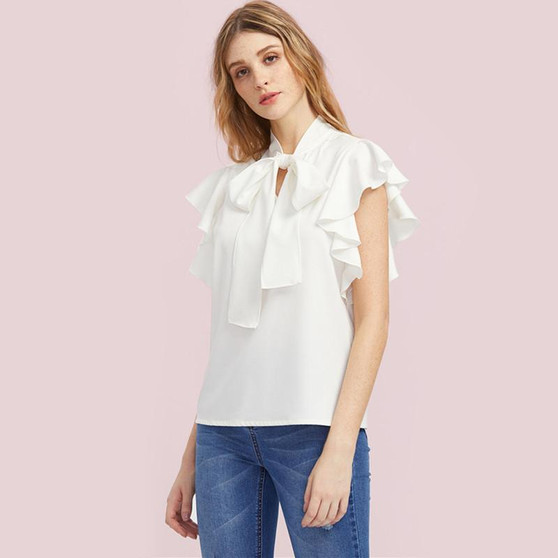 SheInes Bow Tie Front Flutter Sleeve Blouse Summer Blouses for Women White Cap Sleeve Tie Neck Blouse