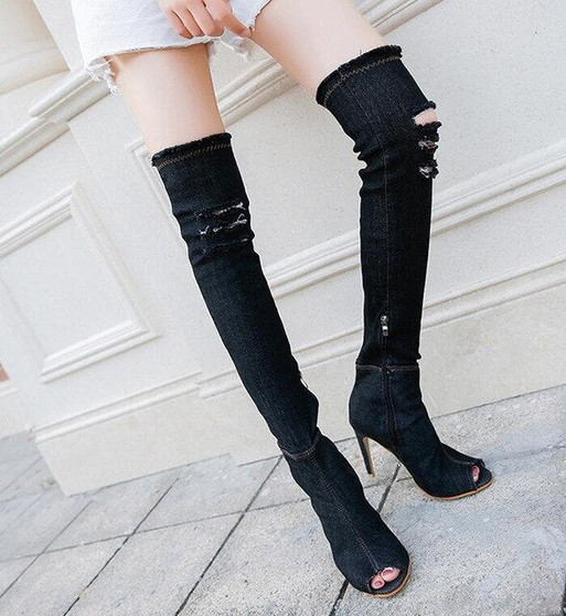 Fashion Autumn Women High Heels thigh high boots Female Shoes Hot Over The Knee Boots Peep Toe Cowboy Boots Denim shoes