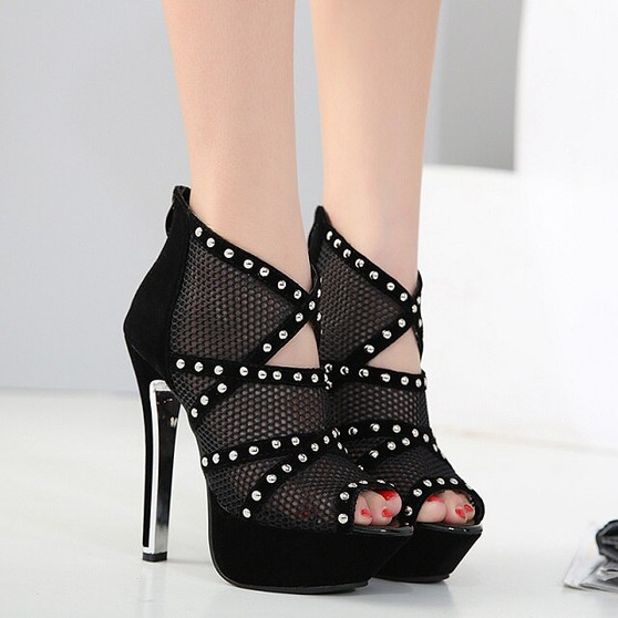 Drop Shipping High-heeled hollow mesh fish mouth shoes nightclub sexy cross strap sandals female