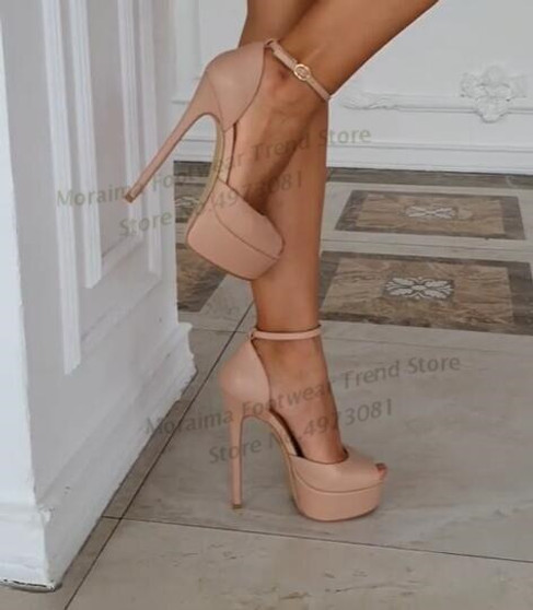 Moraima Snc Peep Toe Ankle Strap High Heel Shoe Woman Sexy Thin heels Dress Heels Nude Leather Gladiator Sandal