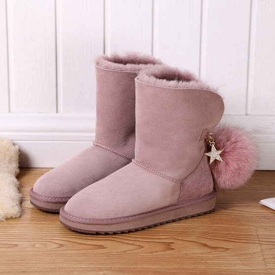 MBR FORCE Sheepskin Leather Wool Fur Lined Suede Casual Winter Boots for Women Snow Boots Fox Fur Pom-pom Star Tassels Dusk Grey