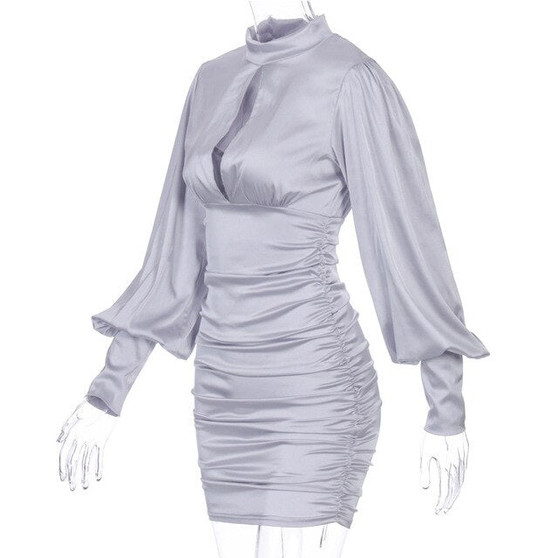 Long Sleeve Ruched Pure Sexy Mini Dress Autumn Winter Women Streetwear Party Dress Outfits Clubwear