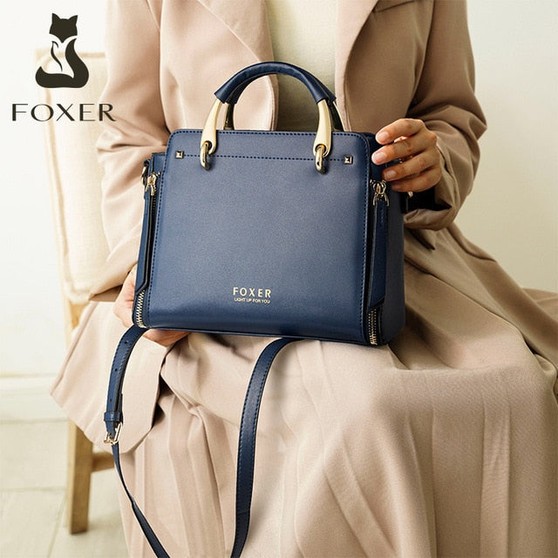 FOXER Women Fashion Cow Leather Handbag Top Handle Purse Commute Cross body Bag Elegant Ladies Shoulder Bag Female Totes