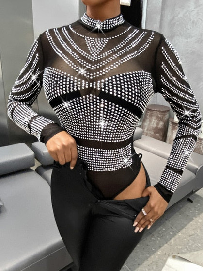 Women Sexy Shiny Bodysuit See Through Transparent Mesh Long Sleeve Sheer Rhinestone Bodysuits