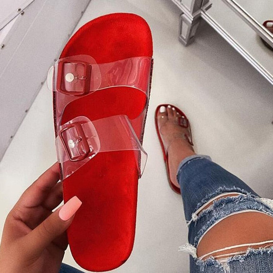 Clear Flat Mules Sandals New Fashion Shoes Women Summer Transparent Strap Sandals Roman Double Strap Flat Sandals Q30