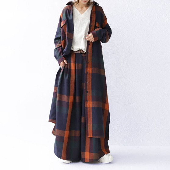 Two Piece Set Top Jacket And Pants Casual Plaid Long Blouse Coat High Waist Wide Leg Pants 2 Piece Outfits Matching Sets Women
