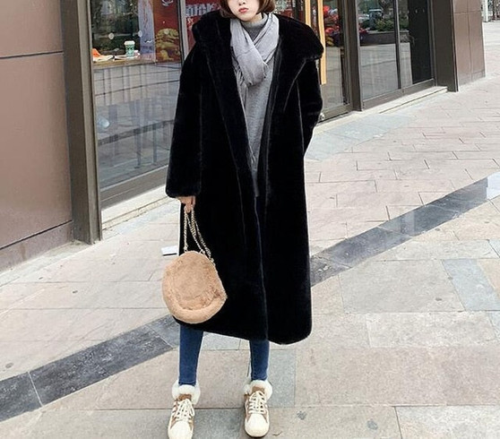 Autumn Winter Mink Women Fur Coat Clothes Plus Size Korean Faux Fur Streetwear Hooded Loose Thick Warm Long Coat Female