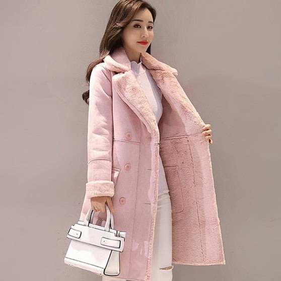 Women Suede Fur Winter Coat 2018 Fashion Thick Faux Sheepskin Long Jacket Overcoat Female Solid Warm Trench Coats