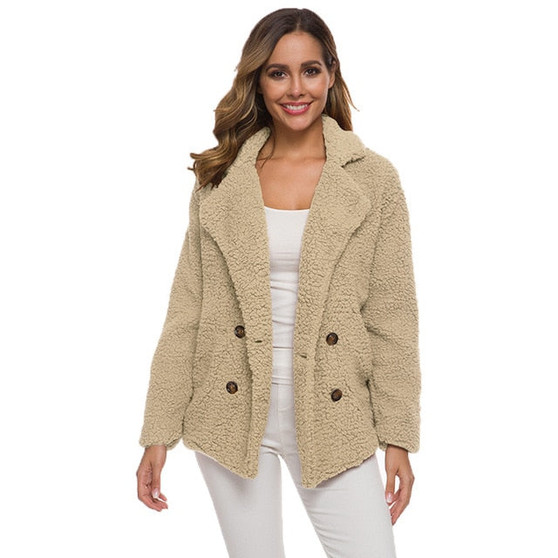 Fleece faux fur jacket coat women autumn winter plush warm thick teddy coat female casual overcoat pockets large size outerwear