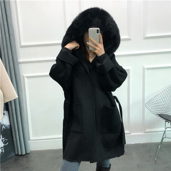 OFTBUY 2019 Real Fur Coat Winter Jacket Women Natural Fox Fur Collar Hood Cashmere Wool Woolen Overcoat Ladies Casual Outerwear