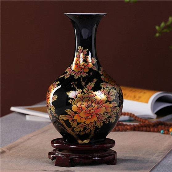 New Chinese Style Vase Jingdezhen Black Porcelain Crystal Glaze Flower Vase Home Decor Handmade Shining Famille Rose Vases