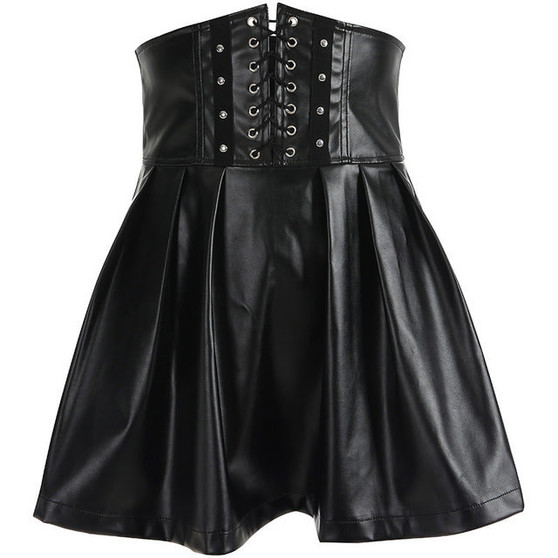 SUCHCUTE Women's Skirts Gothic Harajuku Bandage Faux Leather Korean Fashion Black Mini Pleated Skirts 2019 Summer Party Pu Saias