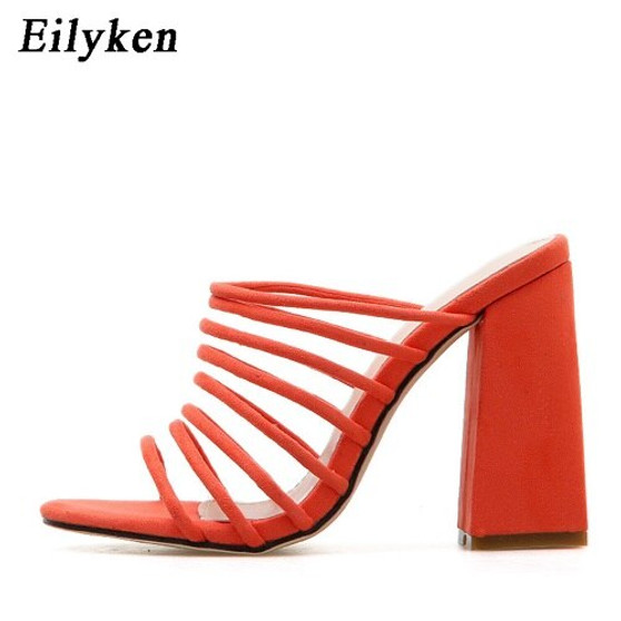 Eilyken 2019 New Women Mule Square Heel Shoes Slippers Female Peep Toe High Heel Slippers Fashion Party Sandals Orange