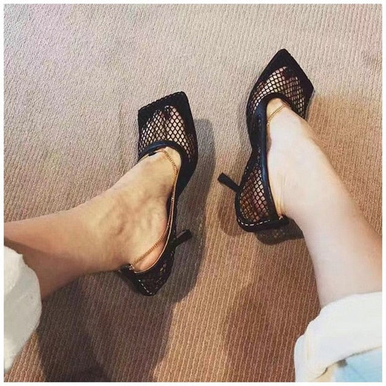 SUOJIALUN 2019 Fashion Brand Women Pumps Sexy Hollow Mesh Summer Sandal High Heels Woman Party Shoes Square Toe Ladies Dress Sho