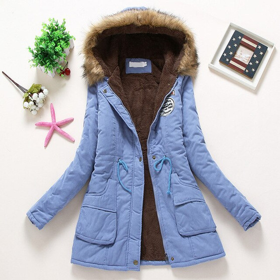Women Jacket zipper Winter Warm Hooded Coat Long Slim Faux Fur Parka ladies Overcoat