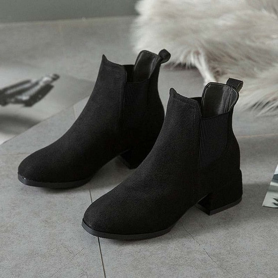 Women Autumn Winter Flock Ankle Boots Slip-on Round Toe 3.5cm Square Heel Solid Casual Black/Camel Booties Size 35-41