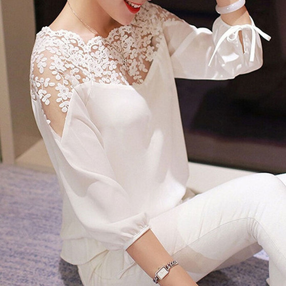 Hot Sell Lace Hollow Collar Chiffon Blouse Fashion Women Backless Three Quarter Sleeve Ladies Girl White Black Cosy Tops Shirts