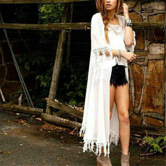 Summer Kimono Cardigan Women Girl Cover Up Sunscreen Chiffon Long Loose Blouse 2017 Tassel Beach Cardigans Femme Black White