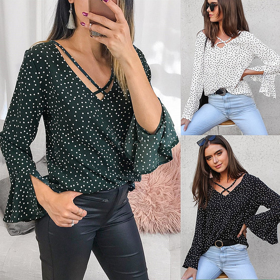 Casual Polka Dot White Womens Tops and Blouses 2019 Summer V-neck Flare Sleeve Chiffon Blouse Women Blusas