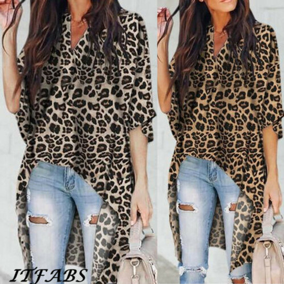 2019 Women Ladies V-Neck Casual Blouse Flare Sleeve Irregular Leopard Print Shirt Tops Hot