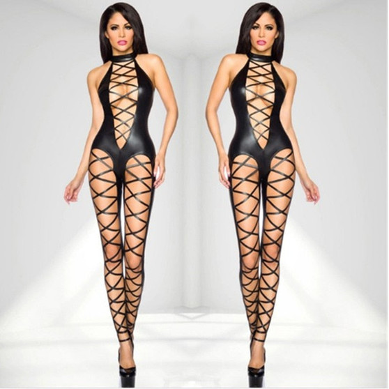 Women Pvc Catsuit Sexy Black Bandage Catsuit Hollow out PU Leather Bodysuit Sexy Club Wear Hot Erotic Pole Dance Costumes M7289