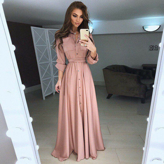 Long Sleeve Dress Solid Beach Vintage Maxi Dresses Boho Casual V Neck Belt Lace Up Tunic Button Casual Plus Size Dress