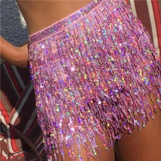 Women Girls Mini Wrap Summer Sexy Skirt Sequin Shiny Club Even Party Dance Tassle Fringe Cosplay Skirt