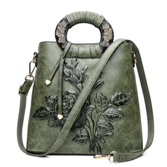 Women Leather Handbag Vintage Bucket Bags Embossing Printing Retro Designer Floral Handbag 2018 Luxury Tote Bag High quality