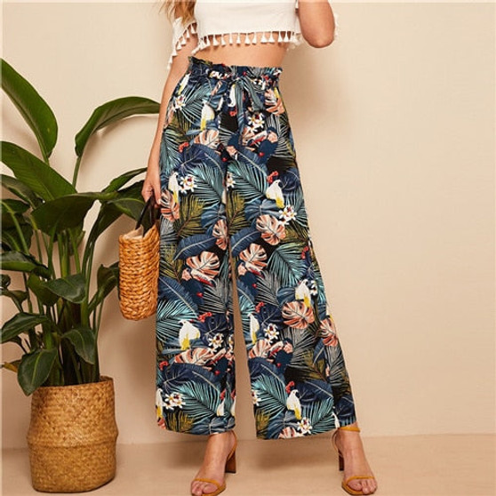 SHEIN Belted Frilled Waist Tropical Print Loose Long Palazzo Pants 2019 Spring Autumn Women Mid Waist Wide Leg Ruffle Pants
