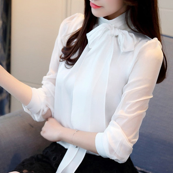 Autmun long sleeve shirt women fashion womens tops and blouses 2018 solid bow stand collar office blouses women blusas 1286 40