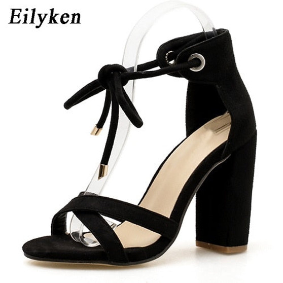 Eilyken Women Sandals Summer Lace-Up Fashion High Heels Peep Toe Shoes Female Square Heel Ladies Sandals Green, Black Size 35-40