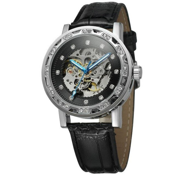 FORSINING Automatic Mechanical Watches Men Women Skeleton Watches relojes mujer leather woman rhinestone wristwatches