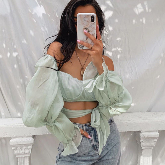 Cryptographic Square Collar Fashion Flare Sleeve Chiffon Blouse Shirts Summer Backless Lace Up Crop Top Blouse Blusas Mujer Tops