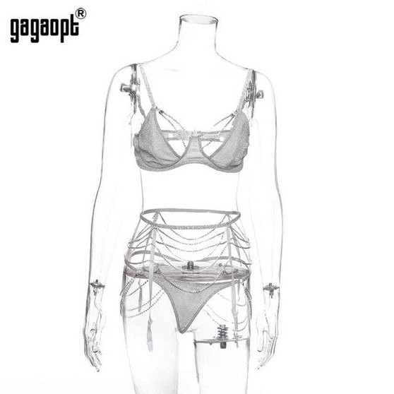 Gagaopt Sexy Lingerie Women Lace Open Bra with Rhineston Set G-String Underwear Nightwear Bra & Brief 3 Pcs Sets