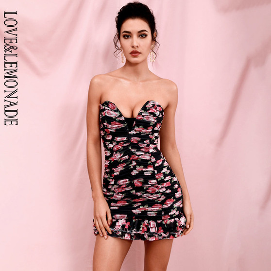 LOVE & LEMONADE Sexy Tube Top Ruffled Black Floral Print Mesh Elastic Party Mini Dress LM82253