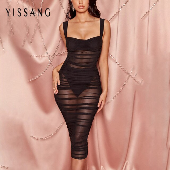 Yissang Sexy Bandage Double Mesh Dress Women Midi Dresses Summer Spaghetti Strap Bodycon Party Club Female Dress 2020 Vestido