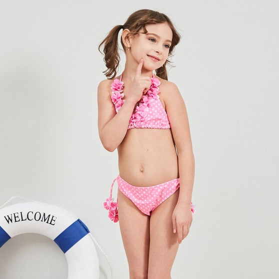 2019 New Baby Girl's Swimsuit Kid Bikini Swimwear Children Pretty Flower Top Halter Dot Swimsuit for Girl Beachwear