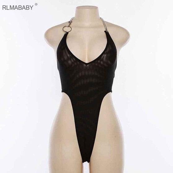 RLMABABY Metal Chain Halter Backless Mesh Bodysuit V Neck Sleeveless See Through Rompers Womens Jumpsuit New Club Party Bodysuit