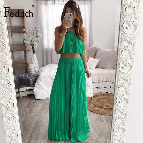 Feditch Elegant Long Chiffon Dress Halter Sleeveless Ruffled Long Cake Summer Dress Female Vintage Evening Party Dress Vestidos