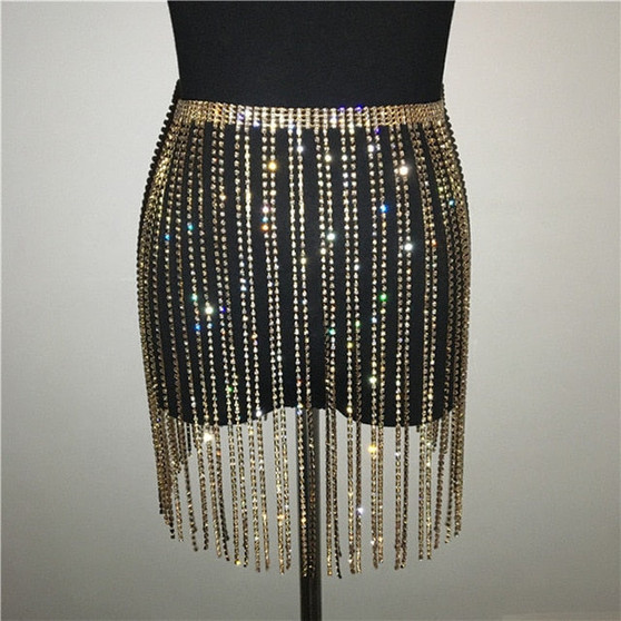 Chic Diamante Skirt Sexy Hollow Out Patchwork Shiny Rhinestone Tassel Metal Link Chain Skirts Music Festival Lady Fashion Skirt