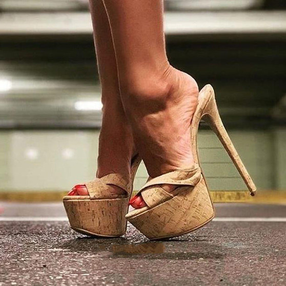 Cork Super High Thin heels Slippers Platform Women Outside Stilettos Laides Shoes Casual Mature Concise Large Size 14 16 Shofoo