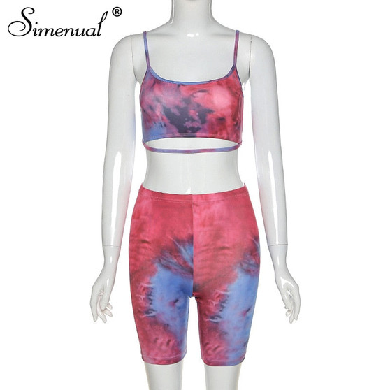 Simenual Tie Dye Workout Strap Women Two Piece Sets Casual Fashion Sporty Athleisure Outfits Slim Crop Top And Biker Shorts Set