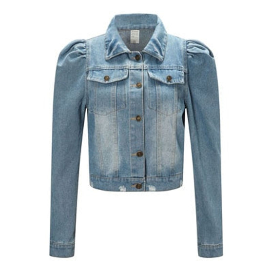2020 Spring New Puff Sleeve Crop Denim Jackets Women Turn Down Collar Buttons Frayed Ripped Hole Jean Coat Pockets Bomber Jacket