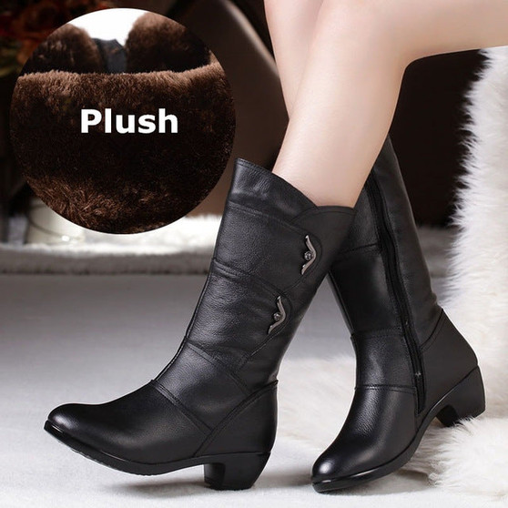 DONGNANFENG Women's Mother Female woman Ladies Shoes Boots Botas Heels Knee High Bling Black Zipper Winter Autumn Warm Plush Fur Cow Genuine Leather Mid Calf Round Toe Casual Designers Plus Size 35-43 JFML-5222