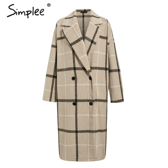 Simplee Elegant plaid women tweed coat Buttons pockets autumn winter female blend coats V neck office ladies warm long overcoats
