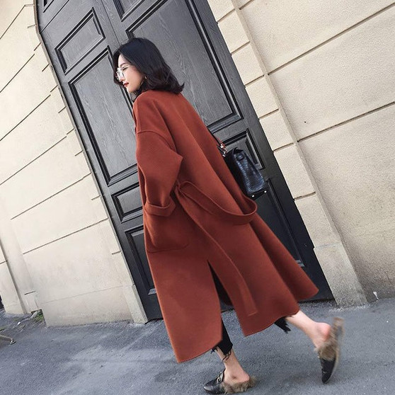 Korean long coat new 2019 autumn winter casual with belt khaki wool coat women turn down collar fashion outerwear