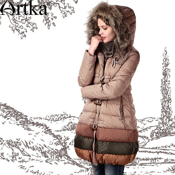 ARTKA Women Duck Down Jacket Winter Long Parka Female Warm Outerwear Hooded Windbreaker Detachable Fur Collar Raincoat YK12348D