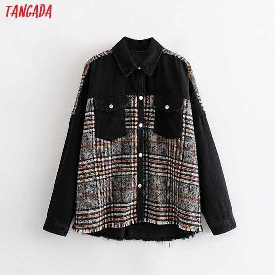 Tangada fashion women plaid patchwork denim jacket casual style loose black coat long sleeve pockets high street tops 3W102