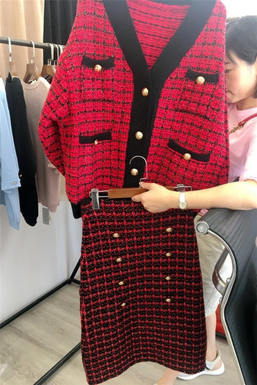 Autumn Winter Knit 2 Piece Set Women Slim Plaid Loose Sweater Coat And Double-Breasted Midi Skirt Suit